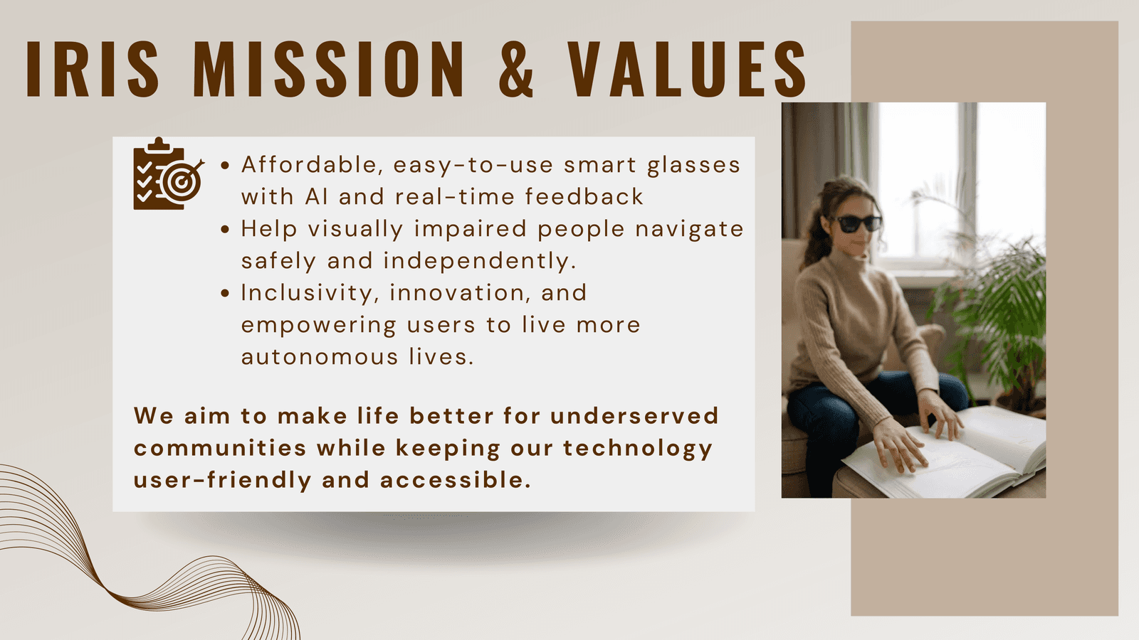 Slide: Iris mission and values — affordable, easy-to-use smart glasses with AI and real-time feedback