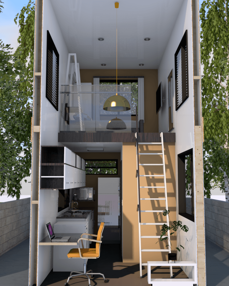 Figure 3 — 3-D overview of the full structure, showing roof pitch and terrace.